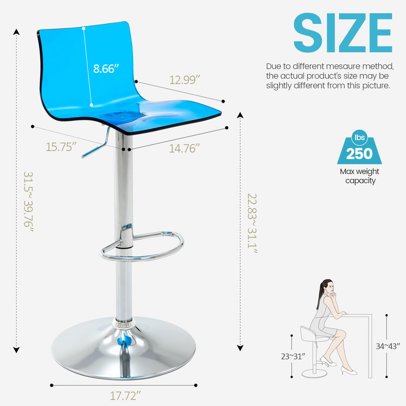  Crawley Acrylic Bar Stools With Mid Back, Set Of 2, Adjustable Swivel Airlift Barstools, Counter Height Bar Chairs For Kitchen Dining Pub Cafe (Clear)