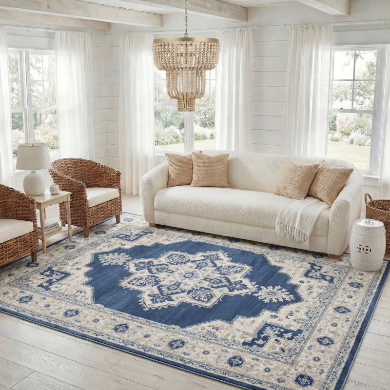 Tapis oriental bleu marine / crème Aurelle, Rectangle 8 pi x 10 pi