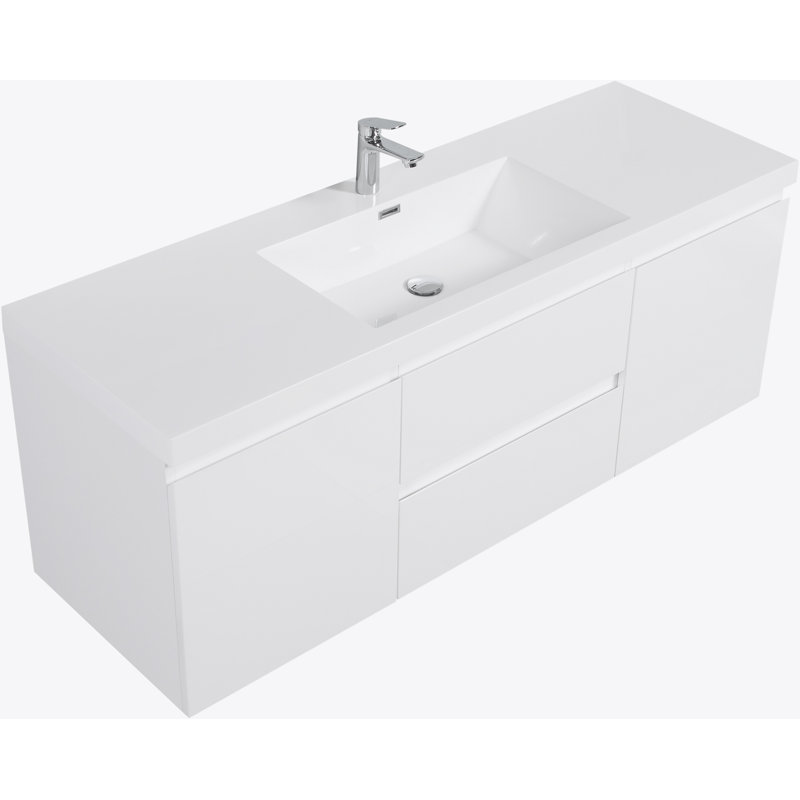 Meuble-lavabo flottant 60 po avec lavabo, meuble-lavabo mural moderne 60 po avec lavabo en résine et tiroirs à fermeture en douceur, blanc brillant 24V11-60SGW