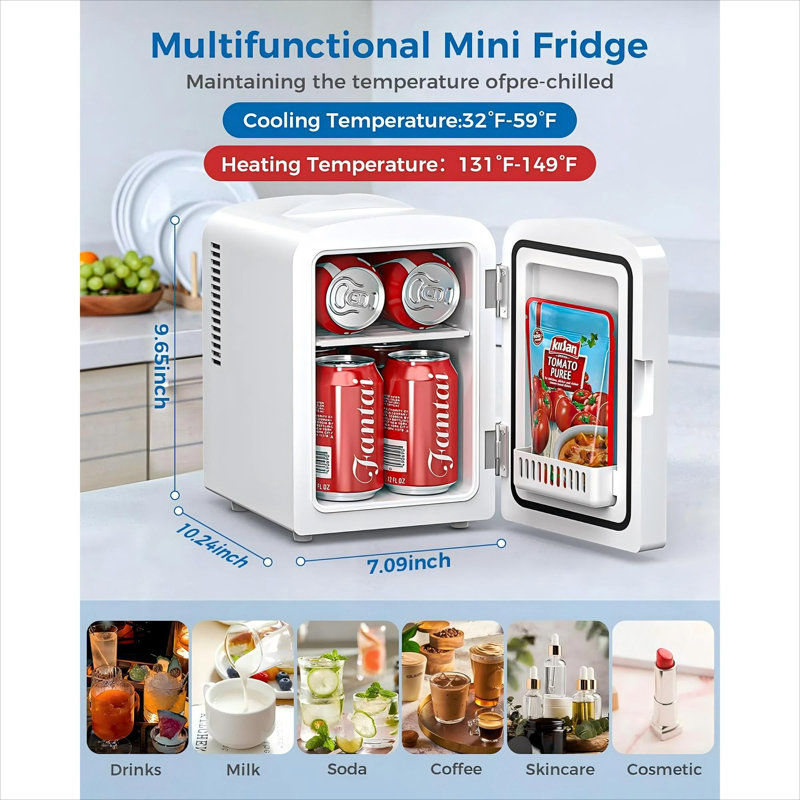 Mini réfrigérateur compact compact - capacité de 4 L / 6 canettes, conception en acier inoxydable, alimentation 12 V CA / CC, idéal pour les soins de la peau et le maquillage.