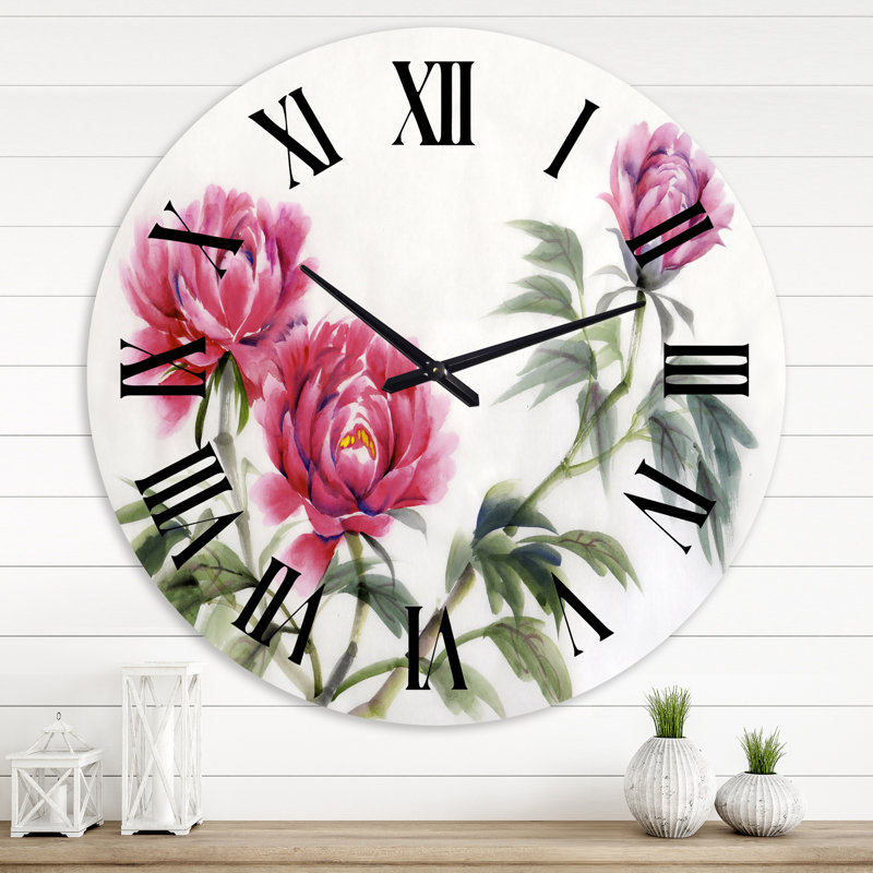 Trois pivoines rétro - horloge murale traditionnelle, Grand