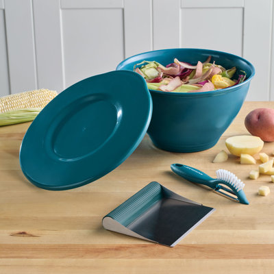 Rachael Ray Kitchen Prep, Garbage Bowl With Lid, Bench Scrape, Veggie Peeler, 4-Piece Set, Marine Blue