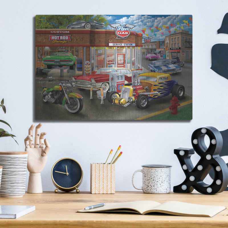 «Hot Rod Garage» par Bigelow, illustrations en métal, H 12 po x l 16 po