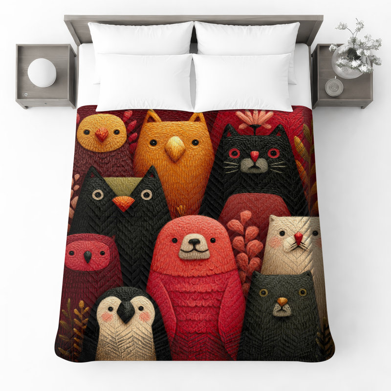 Cute Animal Illustrations Bedding Animals Bedspread Art, Queen