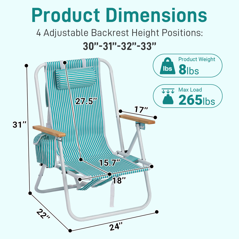 Folding Beach Chair With Wooden Armrest, Green