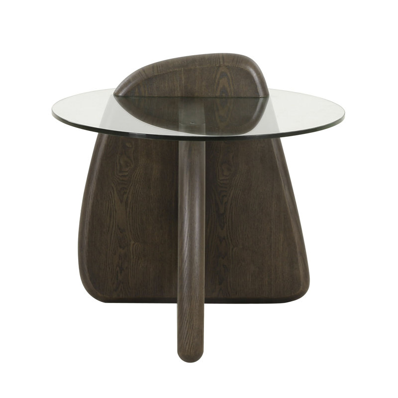 Round Clear Glass and Dark Walnut End Table