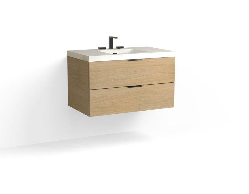 Avila 36" W Wall Mounted Single Bathroom Vanity, Glossy White/8" Widespread, Biondo, Satin Brass