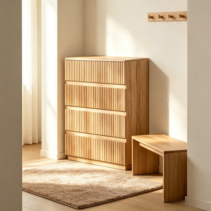 Commode verticale moderne en chêne clair à 4 tiroirs, style ferme, avec moulures rustiques en bois cannelé, meuble de rangement autoportant pour chambre à coucher, idéal pour organiser les vêtements.