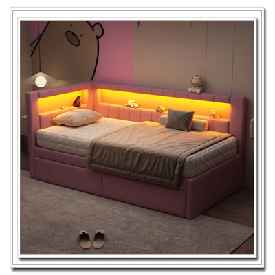 Lit plateforme avec ports USB et ceinture à DEL, avec 2 tiroirs