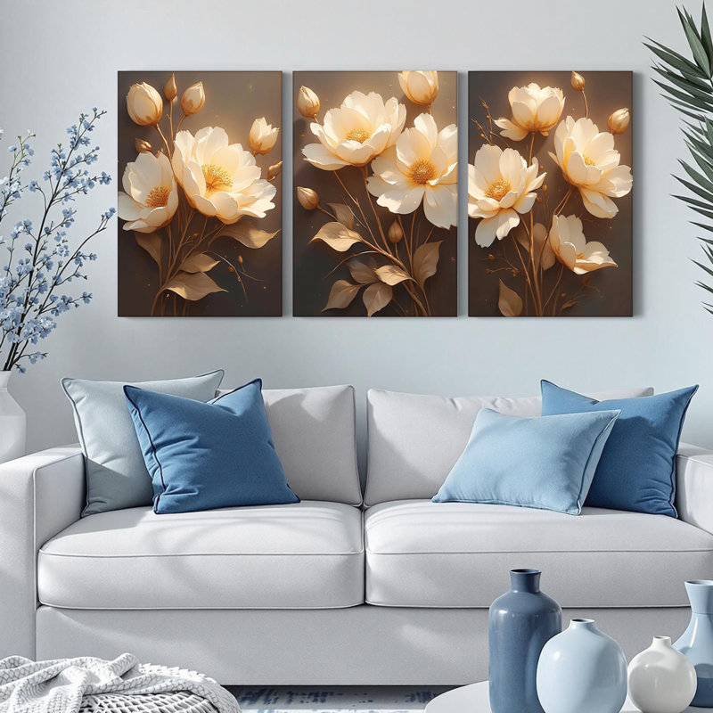 «Golden Floral», reproduction d'art sur toile tendue sur toile (ensemble de 3), H 18 po x l 36 po