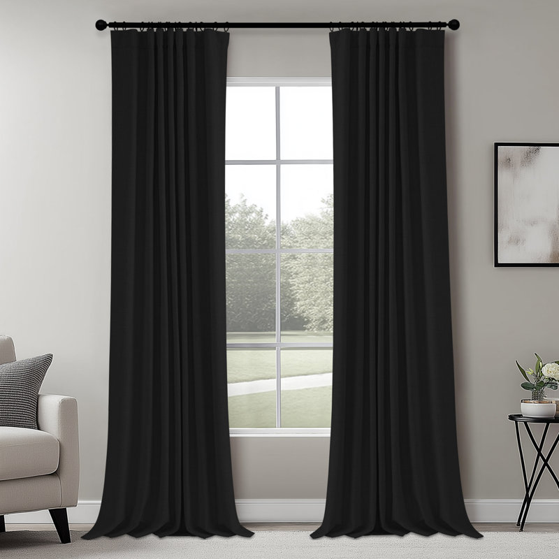 100% Blackout Curtains 50 Inch Faux Linen Thermal Insulated Blackout Drapes For Bedroom Window (Set Of 2 Panels), Black