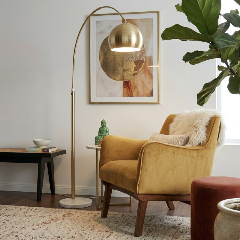 69" Brass Arc Floor Lamp with White Marble Base, 38" Wide Over Chair Curved Reading Standing Lamp, Metal Dome Shade Foot Switch Floor Lamp for Bedroom Apartment