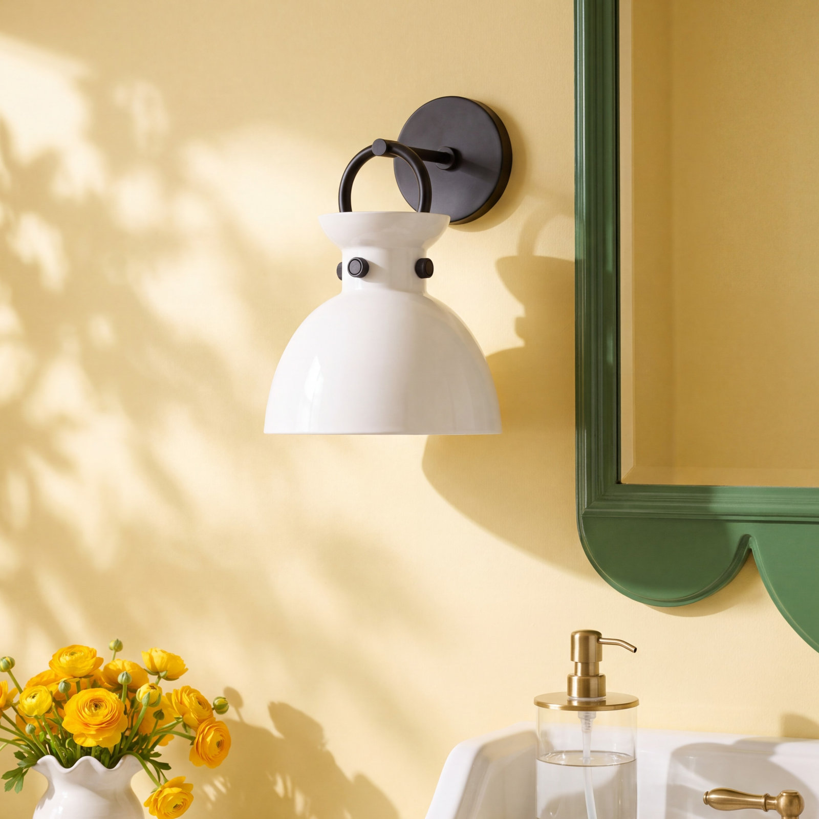 Tinka Single Light Glass Dimmable Armed Sconce, Matte Black, Glossy Opal