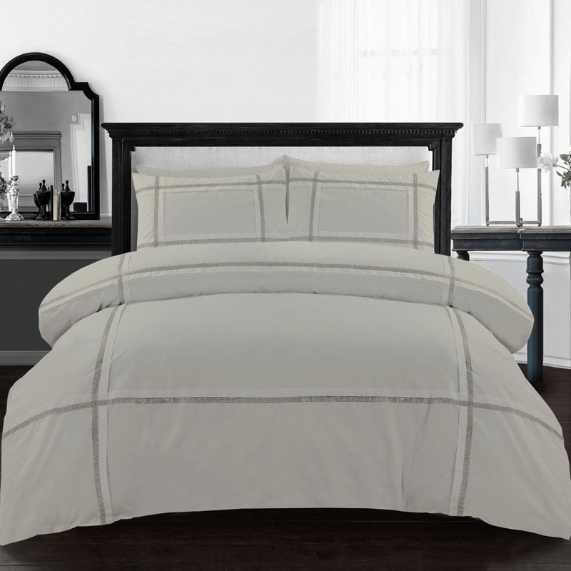 Eva Lace Embellished Duvet Cover Set, King, Silver