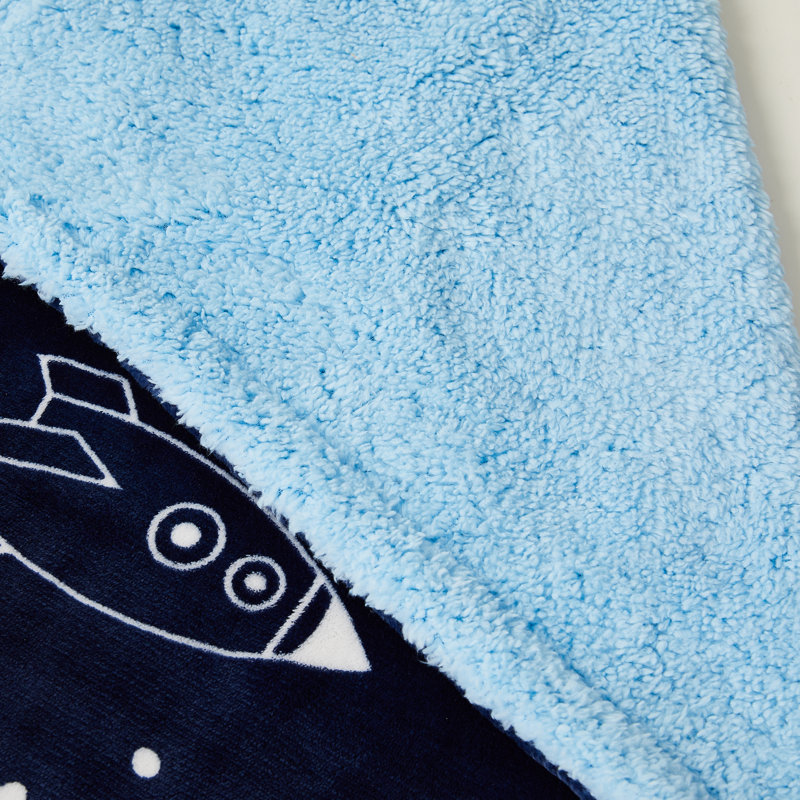 Marina Decoration Reversible Rich Printed Woven Fluffy Plush Soft Warm Flannel Fleece Children Throw Sherpa Kids Blanket, 30 x 40 Inch Blue White Color Rockets and Stars with Navy Blue Base Pattern