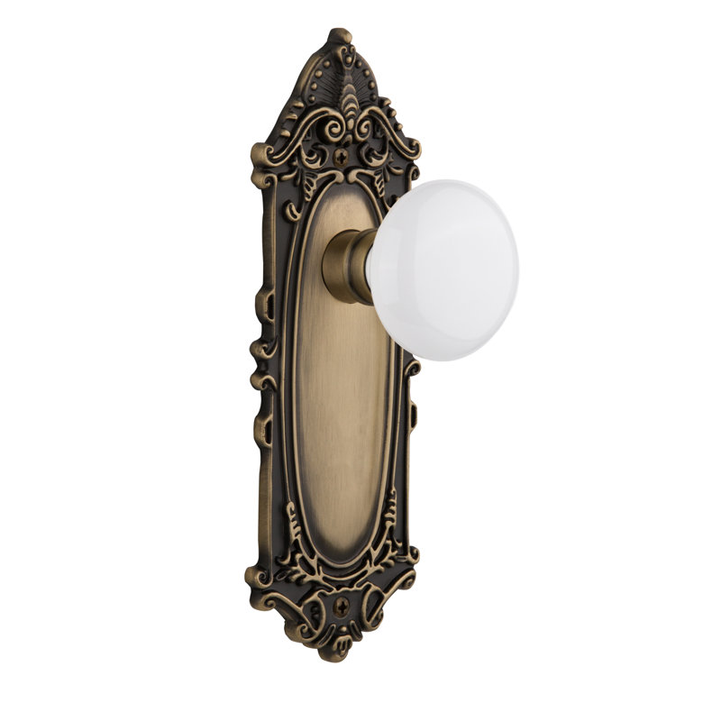 Victorian Plate with White Porcelain Door Knob, Antique Brass, 2-3/4”