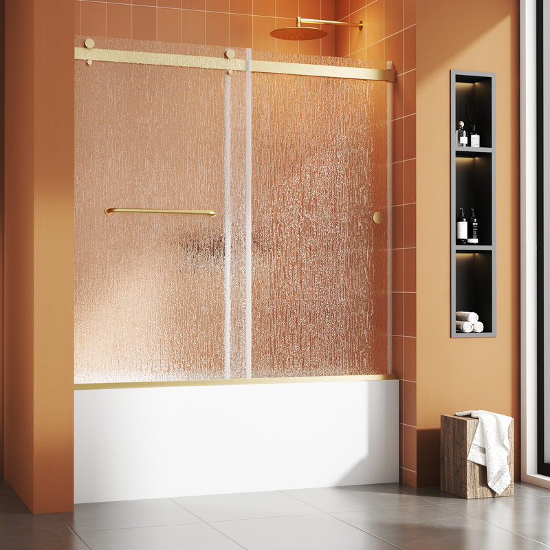 Bathtub Sliding Door 55"-60"W x 56"H Tempered Rain Glass with Explosion-Proof Film Stainless Steel Brushed Gold, Brushed Gold