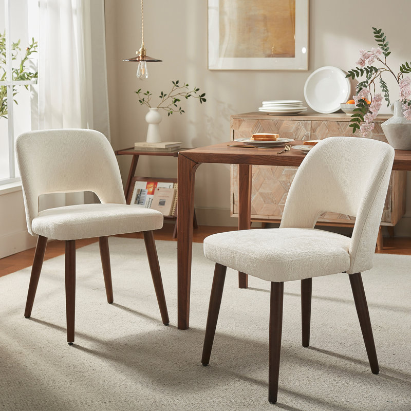 Upholstered Chenille Modern Dining Side Chairs with Solid Wood Legs for Dining Room Set of 2, Beige