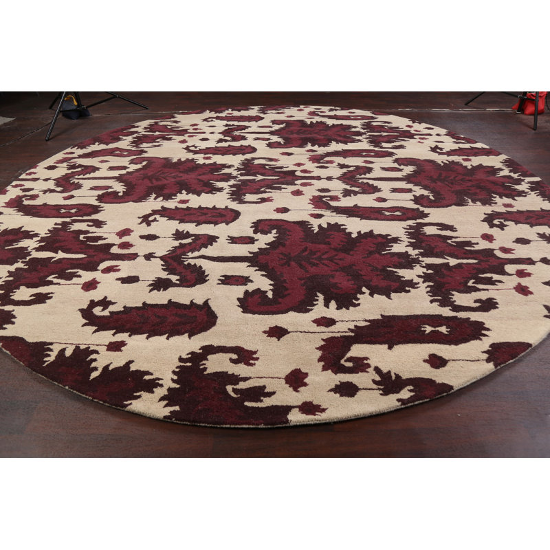 Tapis rond en laine touffeté à la main beige / rouge