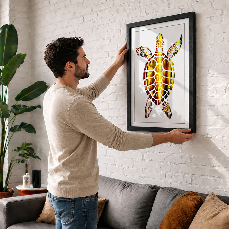 Turtle In Geometric Mosaic Botanical - Print, A2 - 59.4 x 42.0 cm, Black