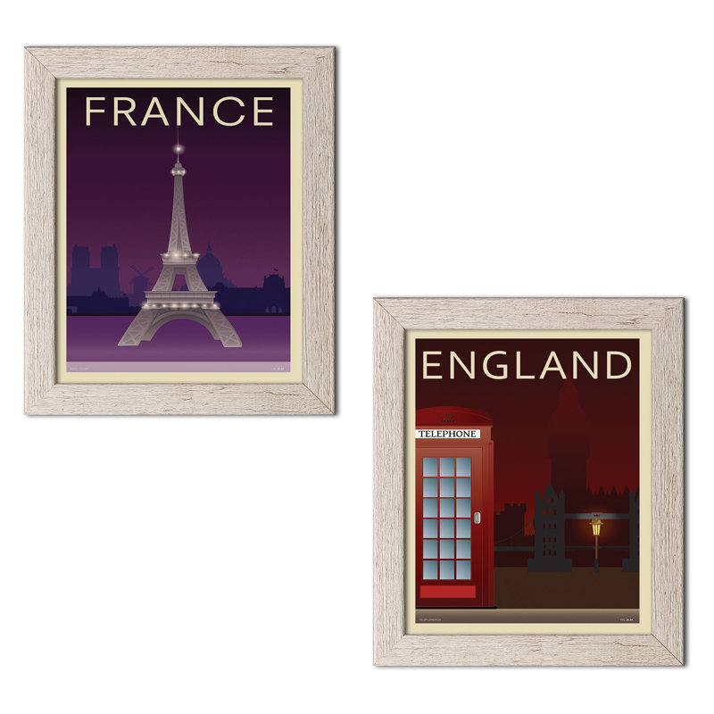 " Telephone Box And Eiffel Tower " by Incado 2 - Pieces, Distressed Framed Paper, 16" H x 12" W x 0.75" D