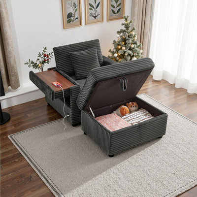 Plush Corduroy Lounge Sofa With Storage Ottoman And Built-in Table