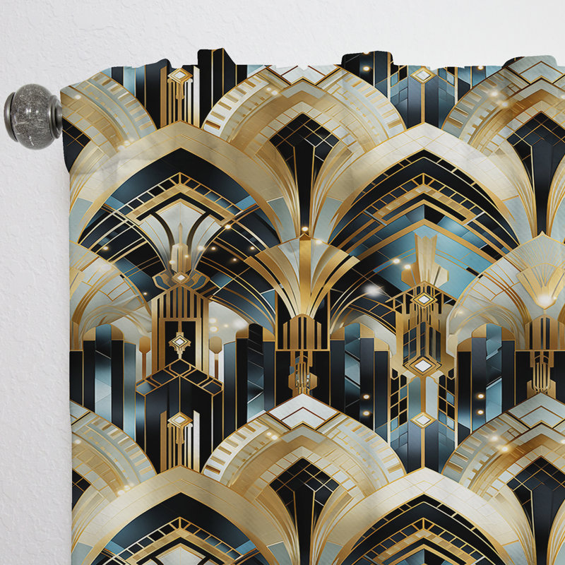 Art déco damas bleu et doré des années 1970 - rideau glamour - obscurcissement de la pièce en velours - 1 panneau