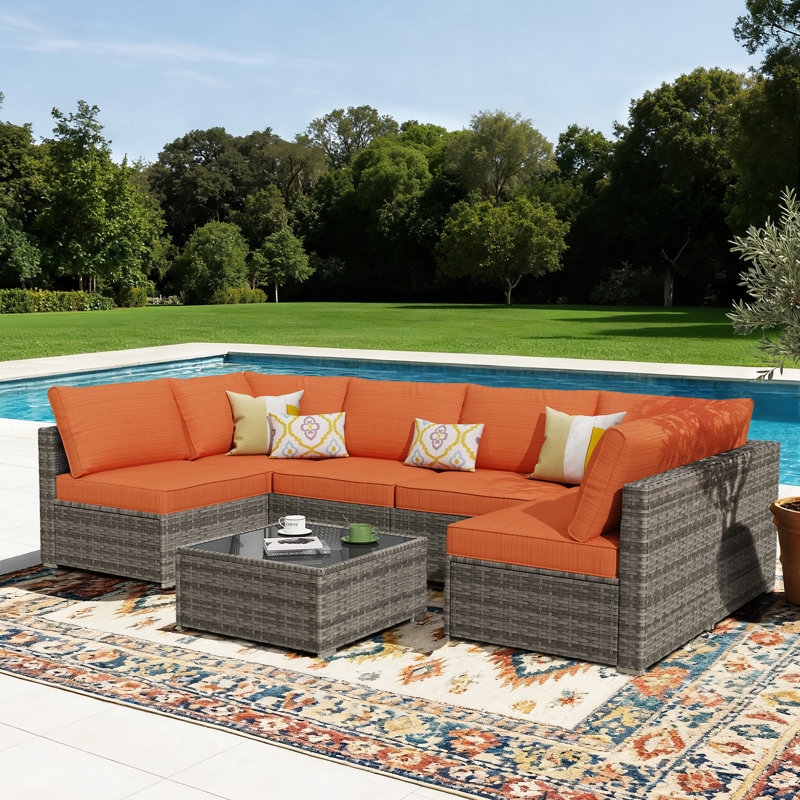 Chappotin 7 - Piece Outdoor Conversation Set,  Wicker Patio Seating Group, All Weather Sectional Sofa Set with Cushions for Garden, Backyard