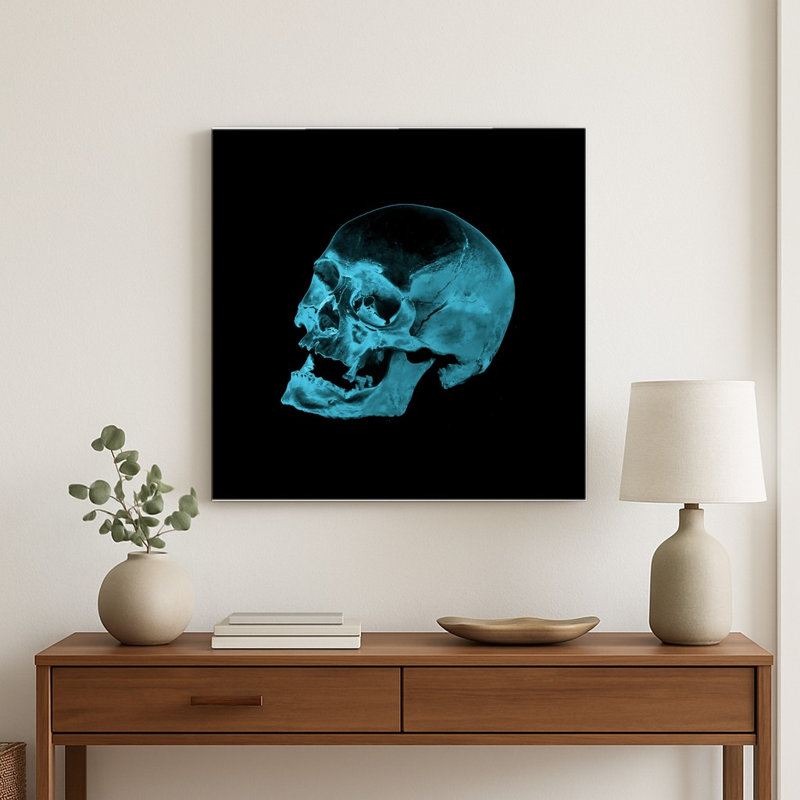 Étude du crâne cyan — Décoration murale carrée en métal, H 32 po x l 32 po