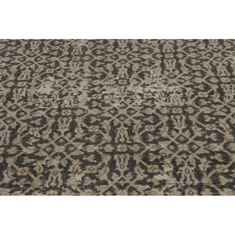 Rug & Kilim’S Distressed  Runner In Black With Beige Herati Pattern, Runner 2'6" x 10'
