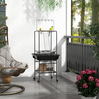 Support pour oiseaux avec roues, support pour perroquet avec perchoirs, bols en acier inoxydable, plateau coulissant, support à jouets, support pour oiseau pour petit perroquet intérieur / extérieur, gris foncé