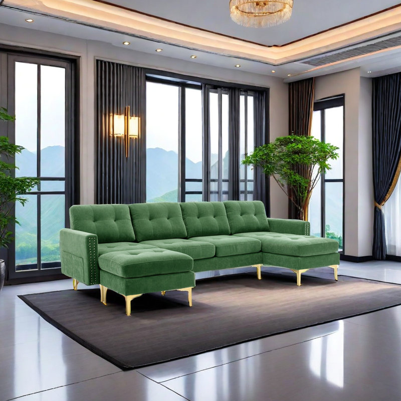 Bethanne 3 - Piece Upholstered Convertible Sectional Sofa Couch with Ottoman, Green Velvet