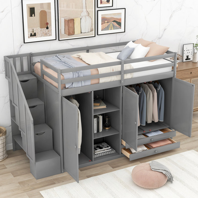 Lit mezzanine fonctionnel avec 3 tablettes, 2 armoires et 2 tiroirs, échelle avec rangement, aucun sommier nécessaire