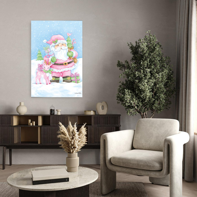 «Pretty In Pink Santa Claus Abstract Contemporary Christmas Tree Winter Landscape Art», H 36 po x l 24 po