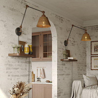 2-Pack Matte Black and Wood Grain Swing Arm Wall Sconce with Natural Woven Rattan Shade
