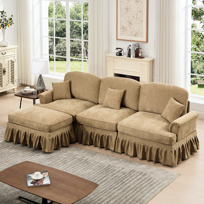 Canapé modulaire à trois places Coffee Chenille avec accoudoirs évasés, jupes plissées à volants et pieds fuselés. Canapé à siège profond confortable et mobile pour diverses configurations Mid Century 3 -