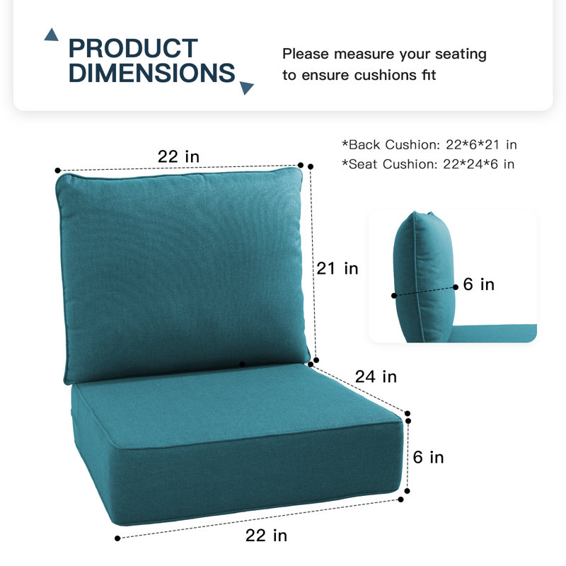 6" Outdoor Cushions For Patio Furniture, 22X24x6 Thick Seat Cushion Set Of 4, Fade Resistant Couch Chair Replacement Cushions High Density Deep Wicker Chair Cushion W/Removable Cover