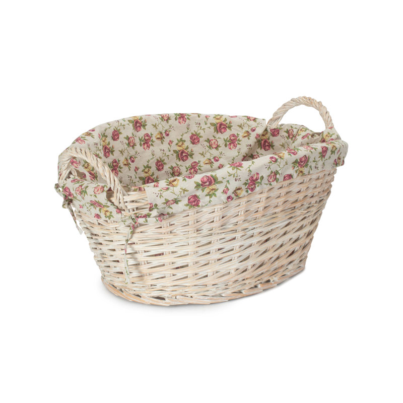 Wicker Laundry Washing Basket with Lining, White Wash/Garden Rose Lining