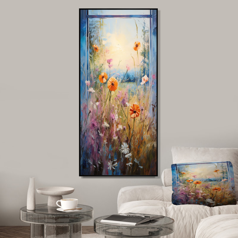 Orange et bleu «Meadow View» - prairie, art mural, Cadre flottant noir, H 32 po x l 16 po