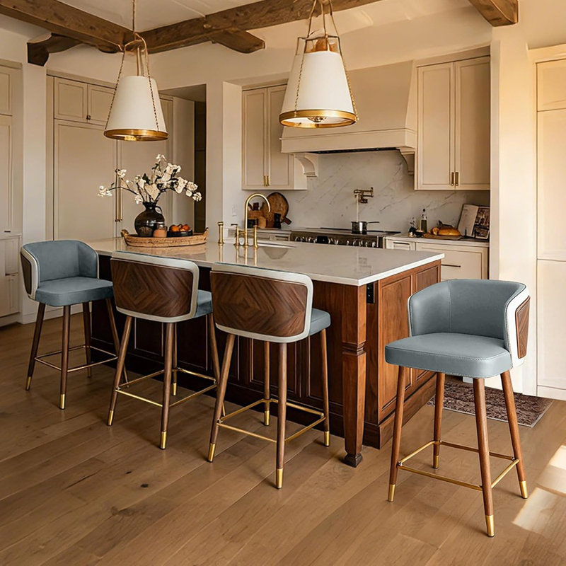 Ensemble de 2 tabourets de bar modernes à hauteur de comptoir avec sièges en cuir et structure en bois de noyer, gris acier