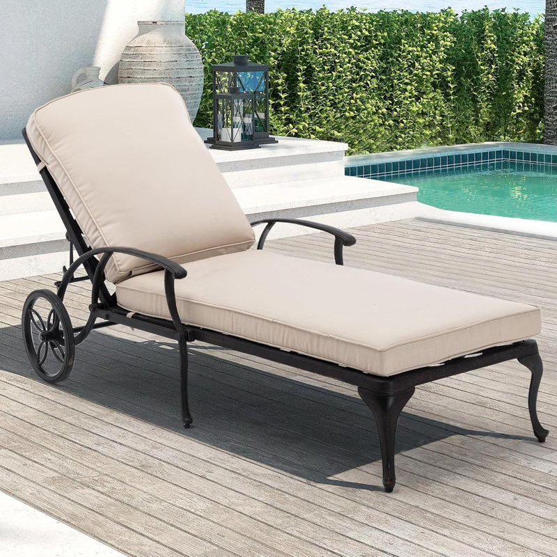 Outdoor Metal Chaise Lounge , Cushion Included, Beige