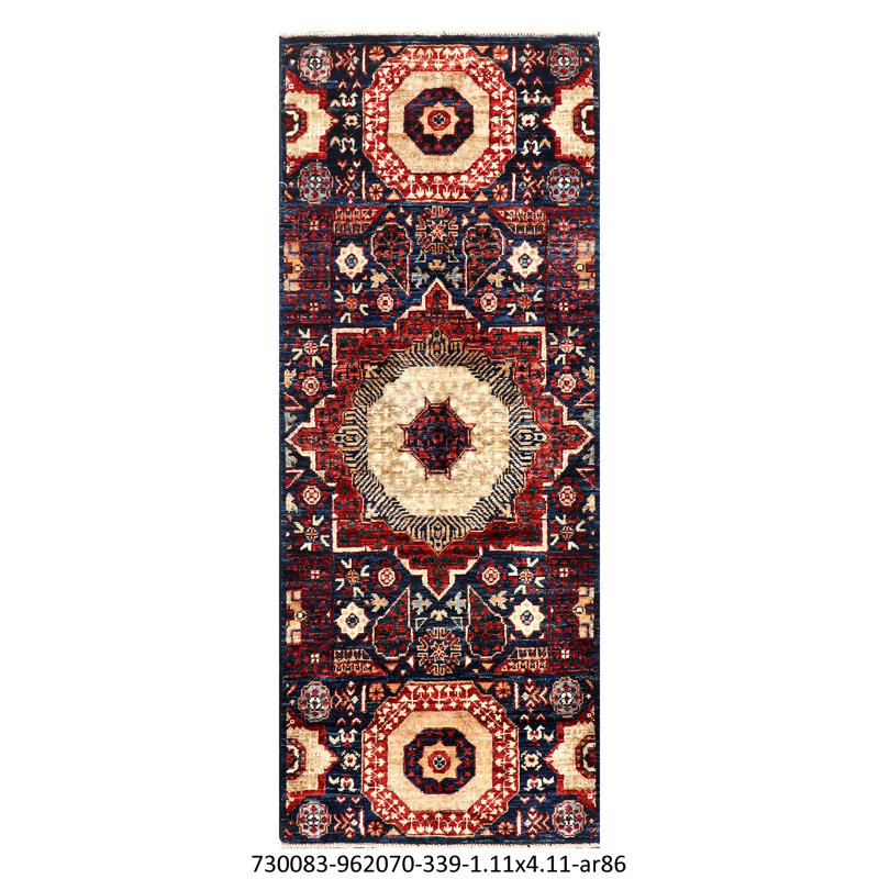 Hand-Knotted High-Quality Navy, Red, and Beige Runner