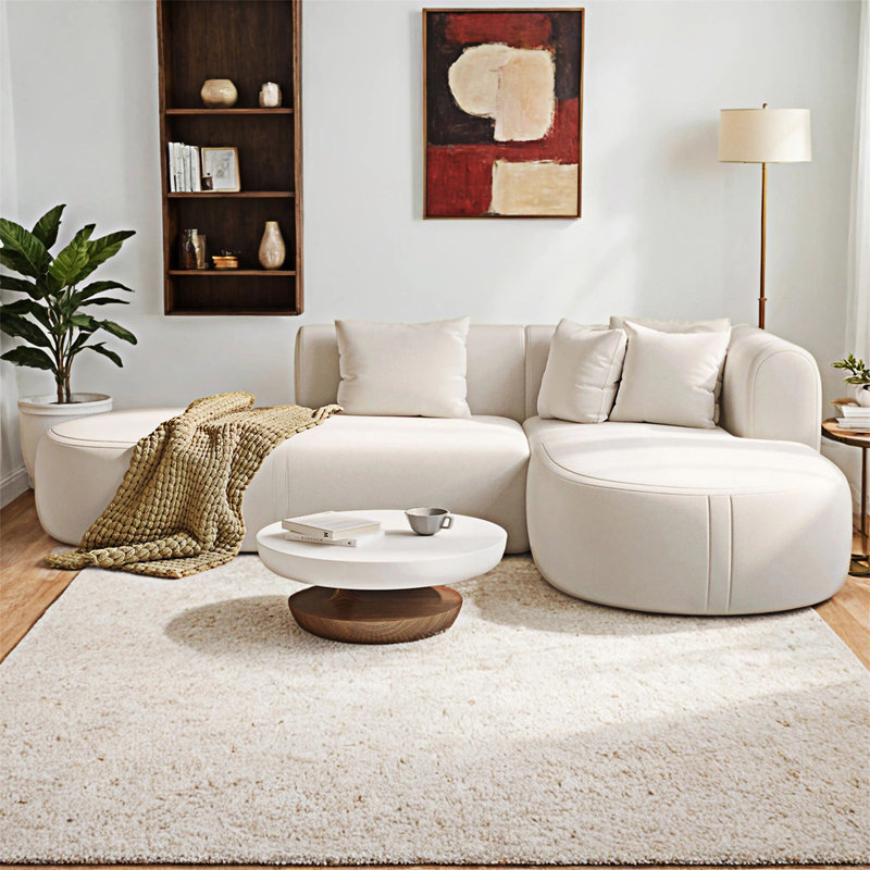 Curved Corner Sofa, Beige Polyester