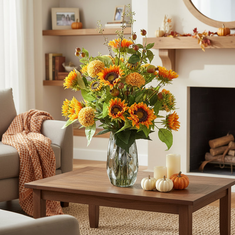 Sunflower, Dahlia and Pomegranate Fall Arrangement in a Glass Vase, 36" H x 25" W x 25" W