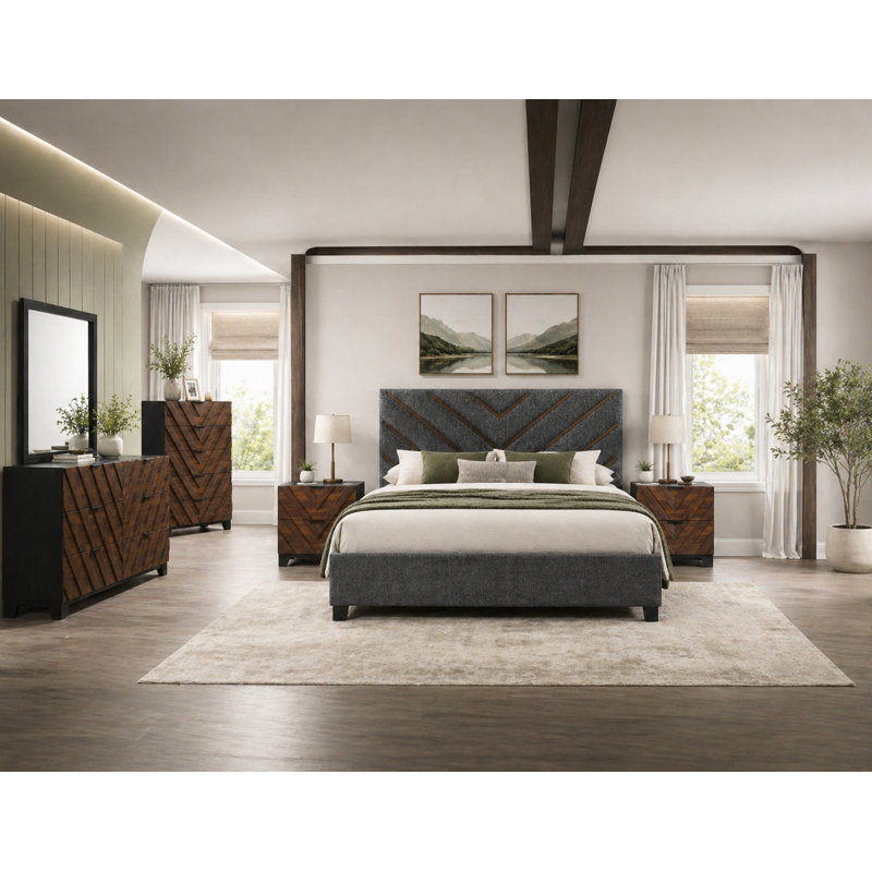 Ensemble de chambre à coucher moderne à panneau tapissier brun et gris, Grand lit, 6 pièces