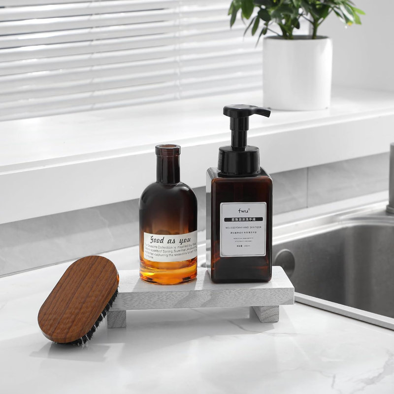 Handmade Wooden Pedestal Stand - Farmhouse Bathroom & Kitchen Decor - Decorative Wood Riser For Soap, Jewelry, Candles - Water-Resistant & Sturdy Natural Wood Tray