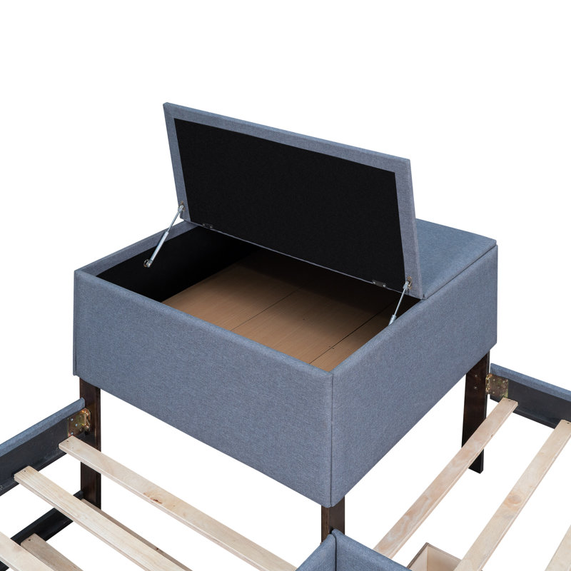 L-Shaped Upholsted Platm Bed With Trundle And Two Drawers Linked With Built-In Desk,,