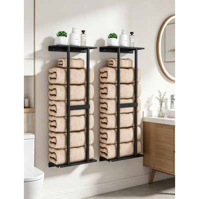 Porte-serviettes mural avec tablette pour salle de bain, rangement pour serviettes de 30 pouces pouvant accueillir 6 grandes serviettes, porte-serviettes roulé peu encombrant pour les petites salles de bain, noir (paquet de 2)