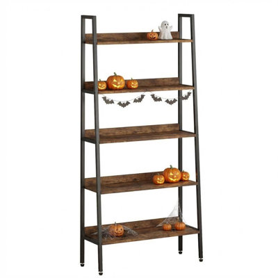 Échelle échelle, bibliothèque à 5 niveaux, bibliothèque en bois industriel et en métal noir, étagère de rangement au sol, pour le bureau de la chambre à coucher, salon, cuisine, brun rustique