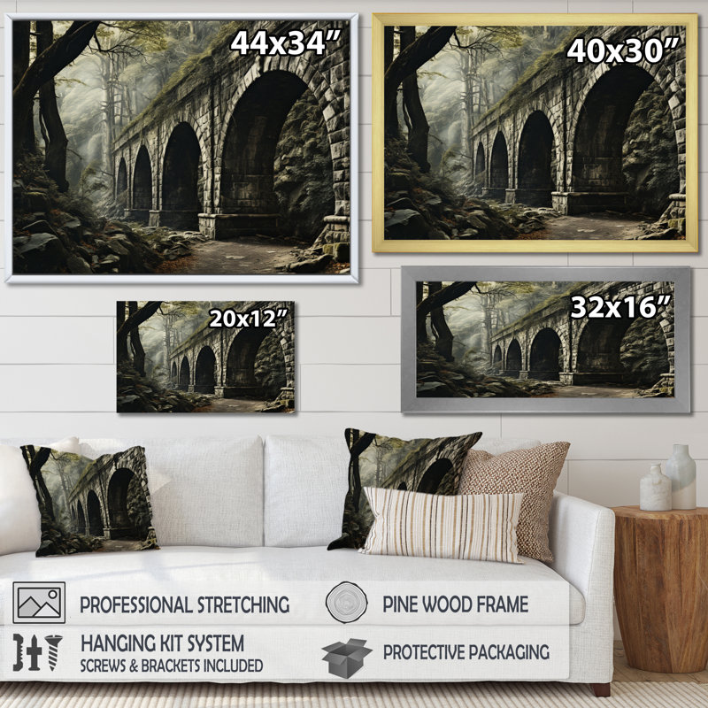 «Maclay Gray Bridge Rustic Archway Slate I», reproduction sur toile, H 34 po x l 44 po x P 1,5 po, Cadre simple blanc